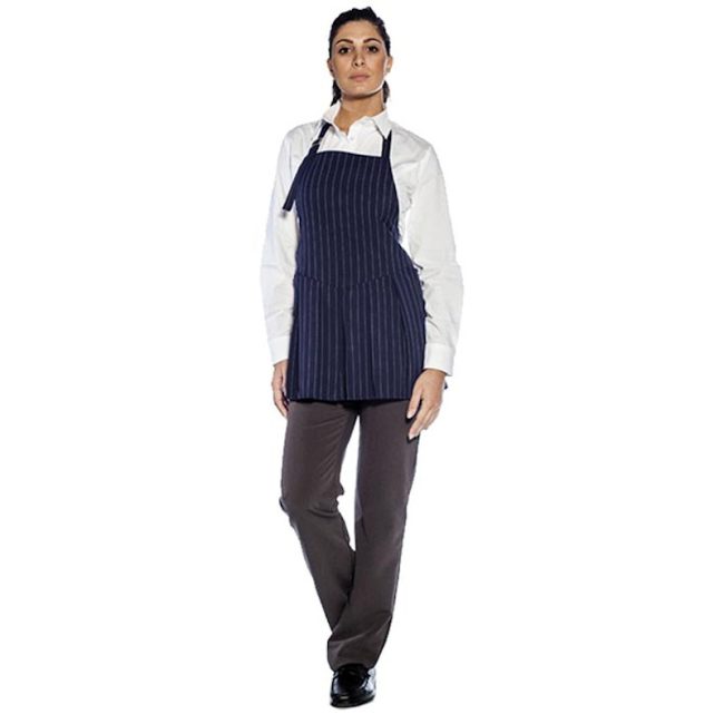 Apron with pence, striped fabric, metal regulator and 2 side pockets.